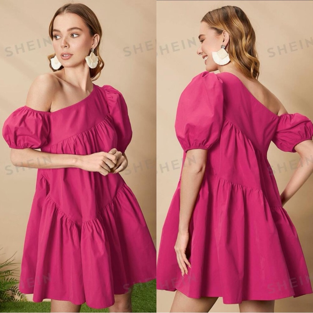 Asymmetrical Neck Puff Sleeve Ruffle Hem Smock Dress - Size S/4